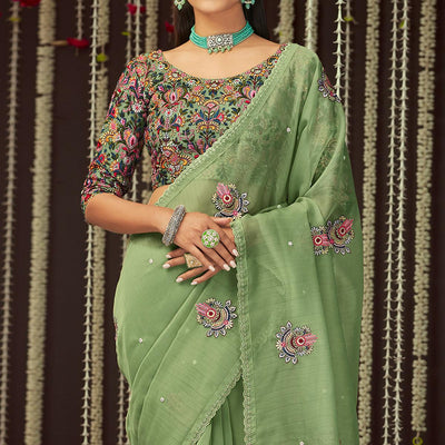 Mint Green Embroidered Organza Saree