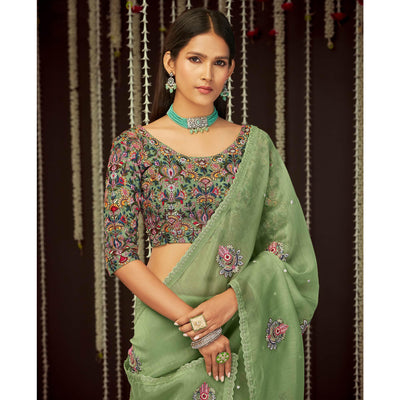 Mint Green Embroidered Organza Saree