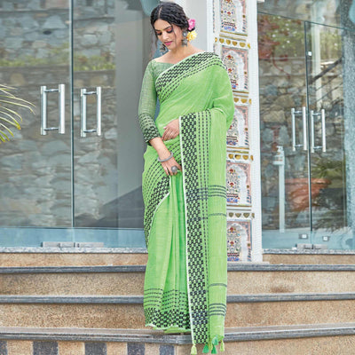Mint Green Festive Wear Printed Linen Saree