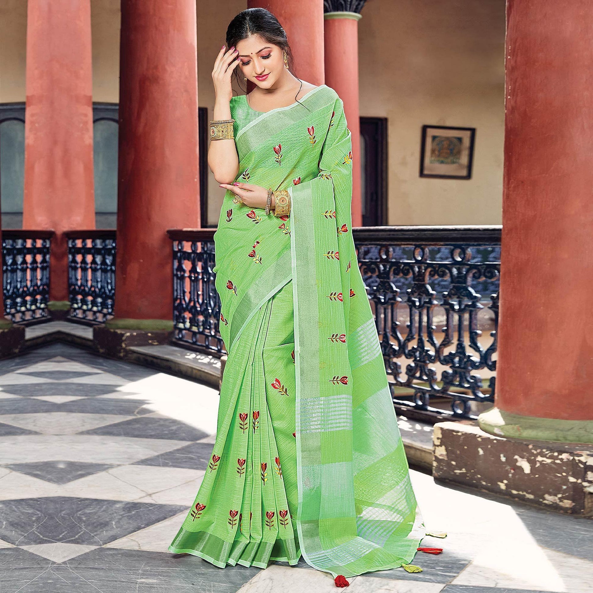 Mint Green Festive Wear Printed Linen Saree