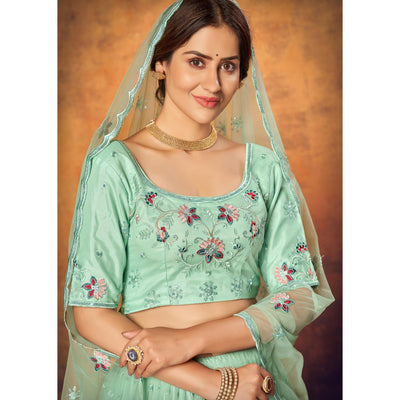 Mint Green Festive Wear Thread With Floral Sequins Embroidered Net Lehenga Choli