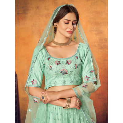 Mint Green Festive Wear Thread With Floral Sequins Embroidered Net Lehenga Choli