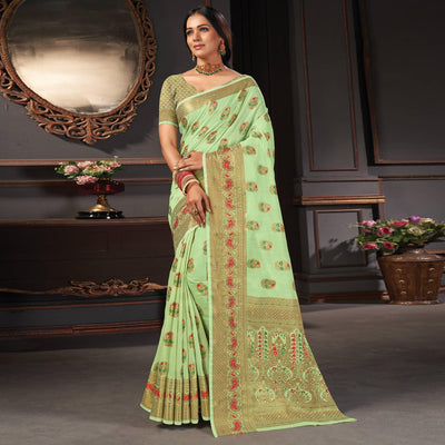 Mint Green Festive Wear Woven Cotton Saree