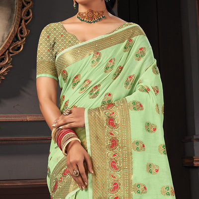 Mint Green Festive Wear Woven Cotton Saree