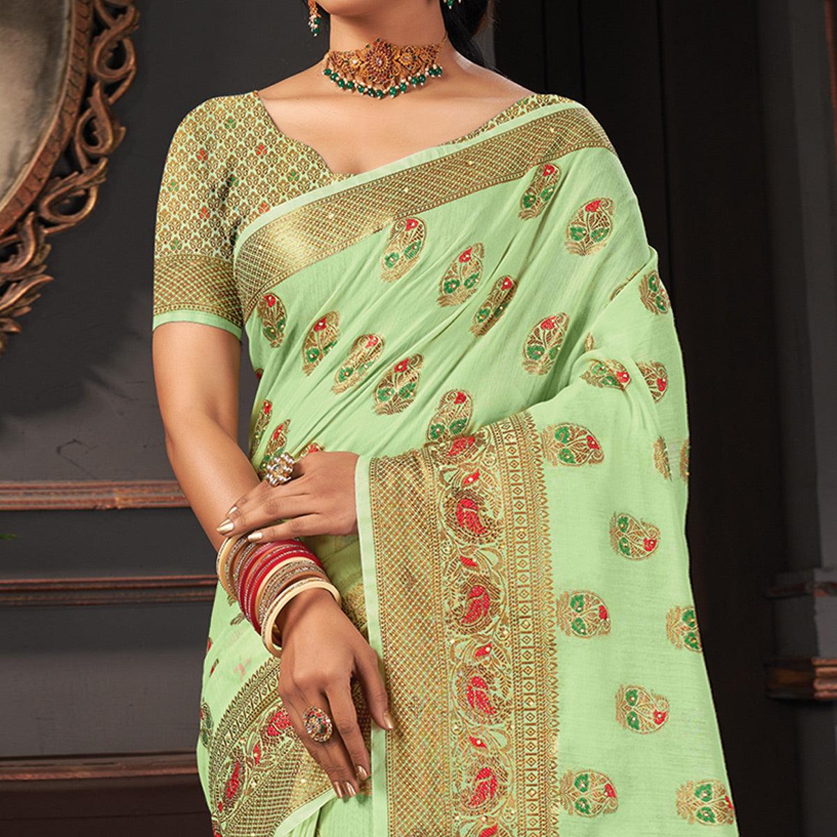 Mint Green Festive Wear Woven Cotton Saree