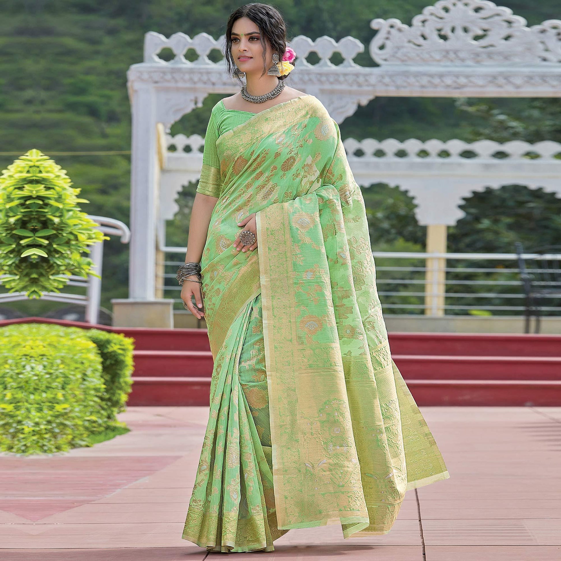 Mint Green Festive Wear Woven Linen Saree