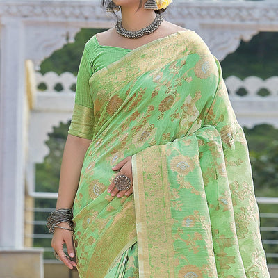 Mint Green Festive Wear Woven Linen Saree