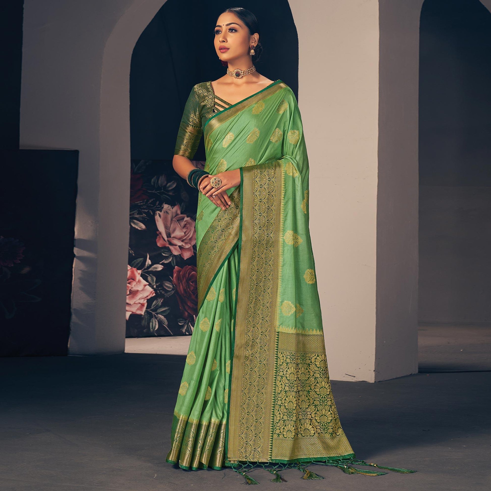 Mint Green Festive Wear Woven Silk Saree
