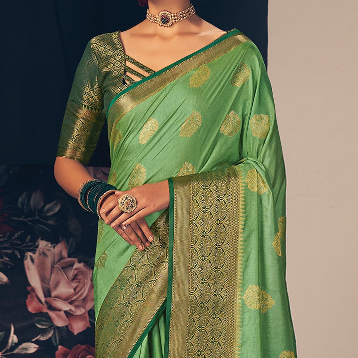 Mint Green Festive Wear Woven Silk Saree