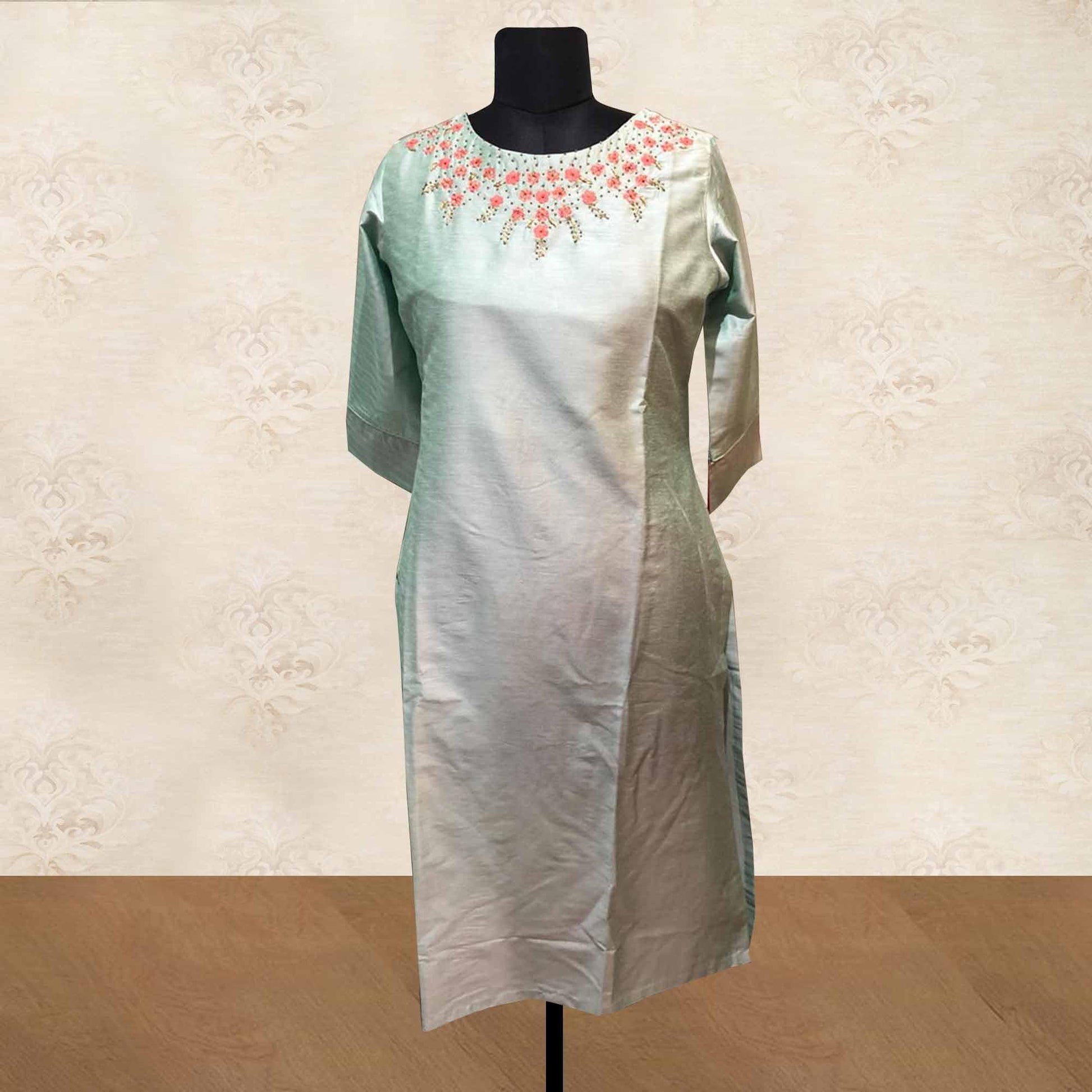 Mint Green Floral Embroidered Art Silk Kurti