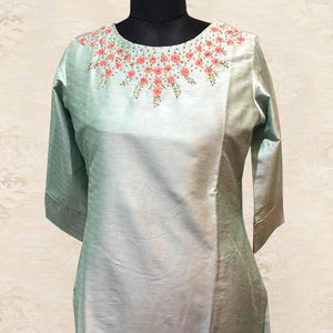 Mint Green Floral Embroidered Art Silk Kurti