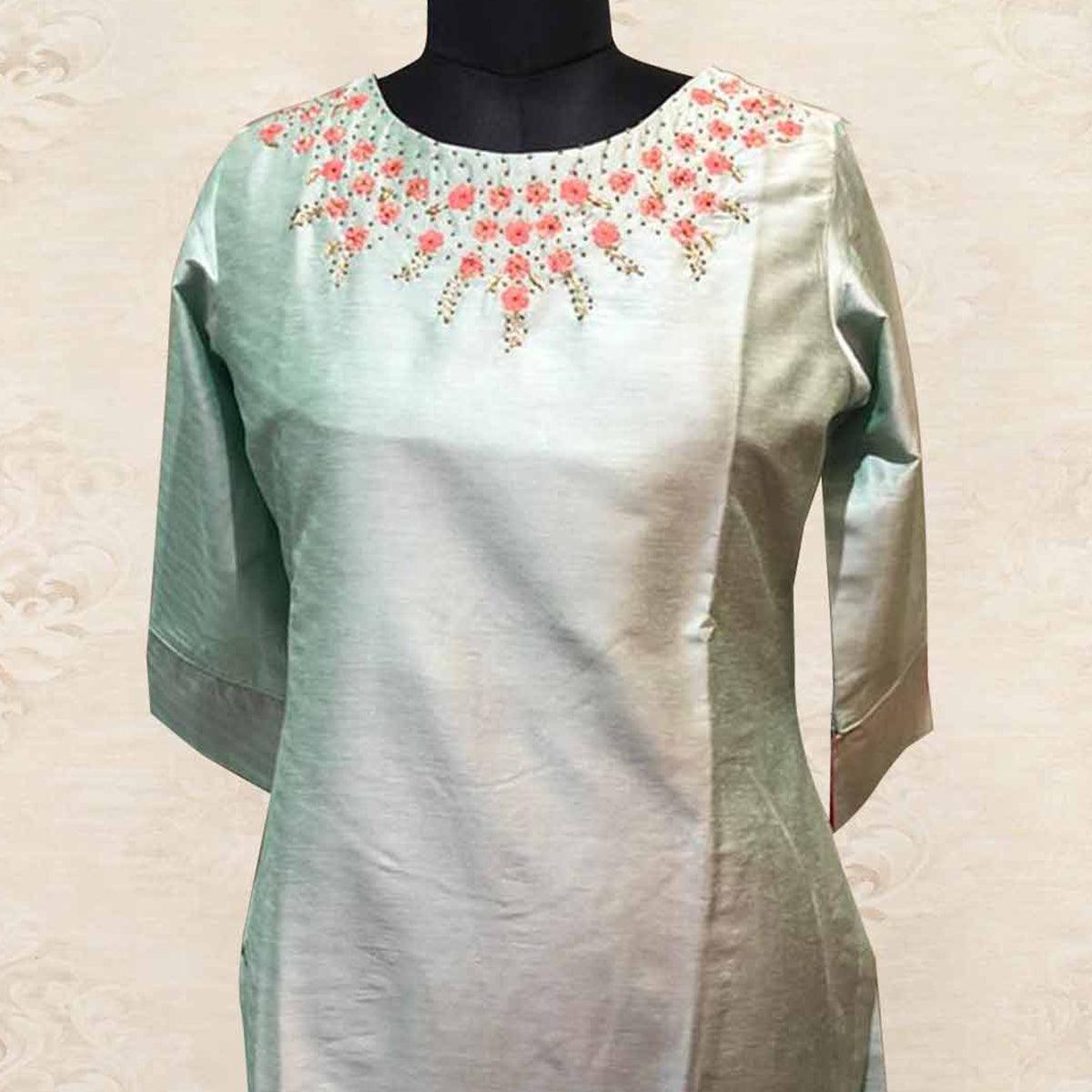 Mint Green Floral Embroidered Art Silk Kurti