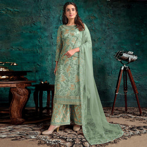 Mint Green Floral Embroidered Net Palazzo Suit