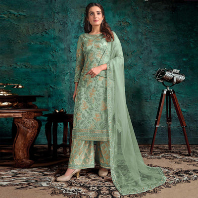 Mint Green Floral Embroidered Net Palazzo Suit