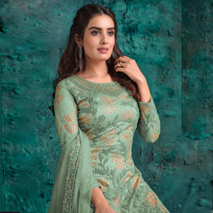 Mint Green Floral Embroidered Net Palazzo Suit