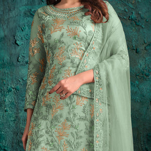 Mint Green Floral Embroidered Net Palazzo Suit
