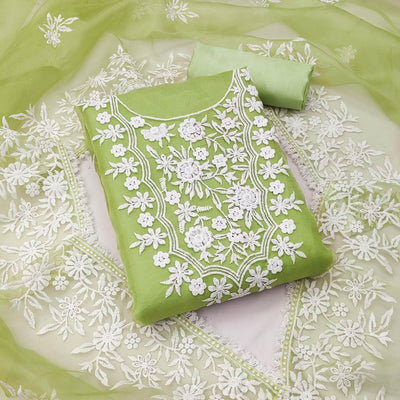 Mint Green Floral Embroidered Organza Dress Material