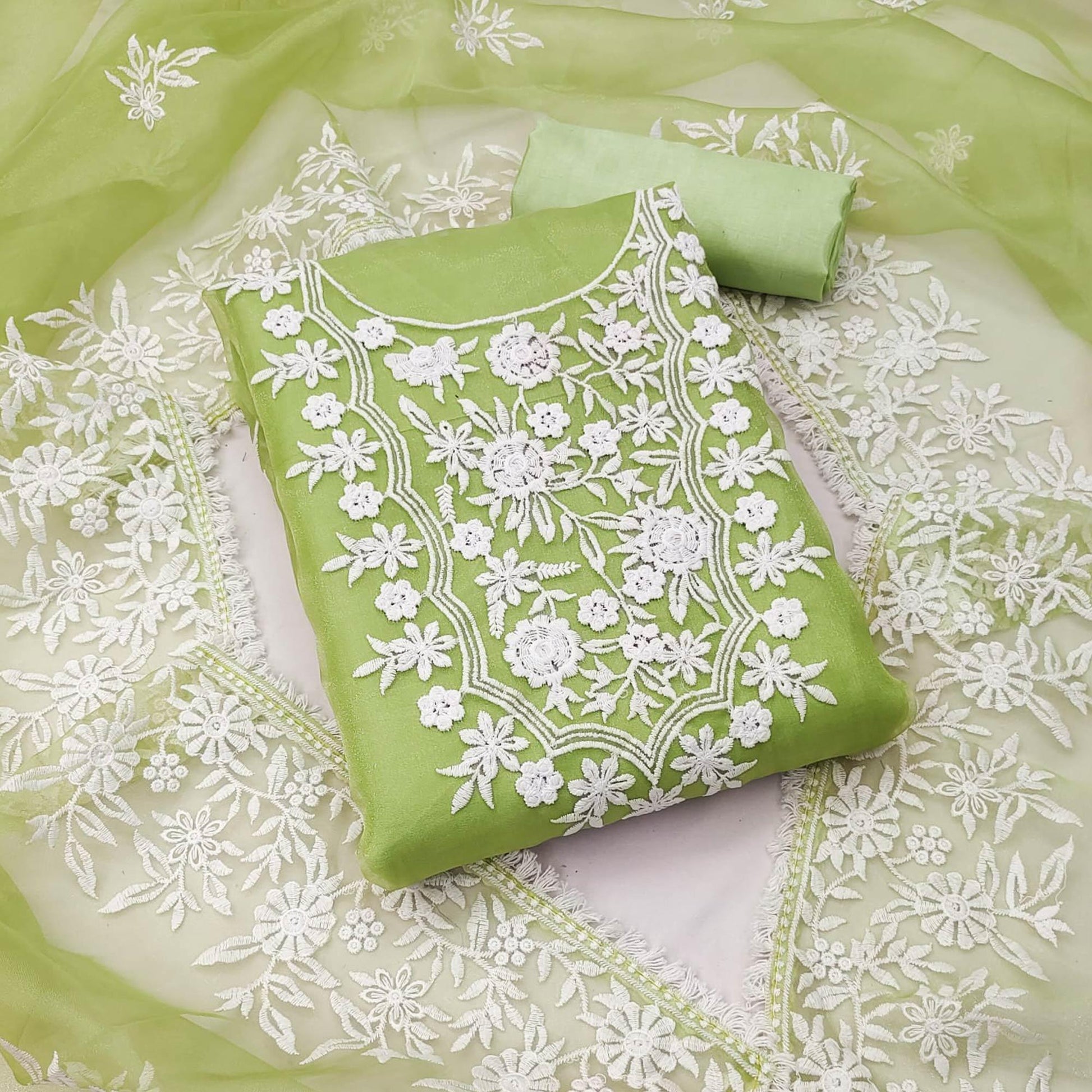 Mint Green Floral Embroidered Organza Dress Material