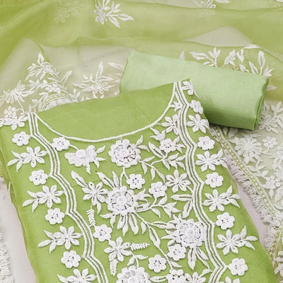 Mint Green Floral Embroidered Organza Dress Material
