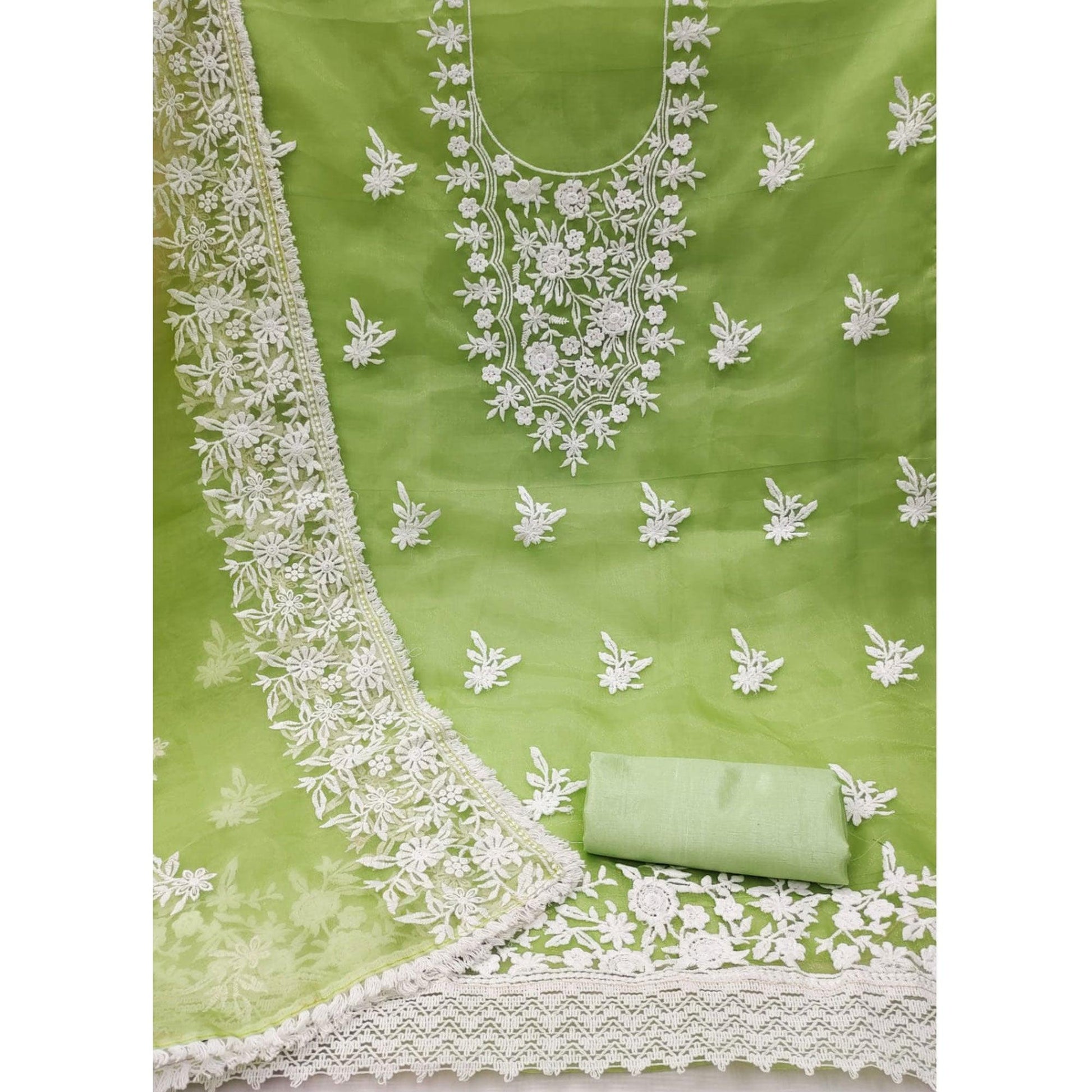 Mint Green Floral Embroidered Organza Dress Material