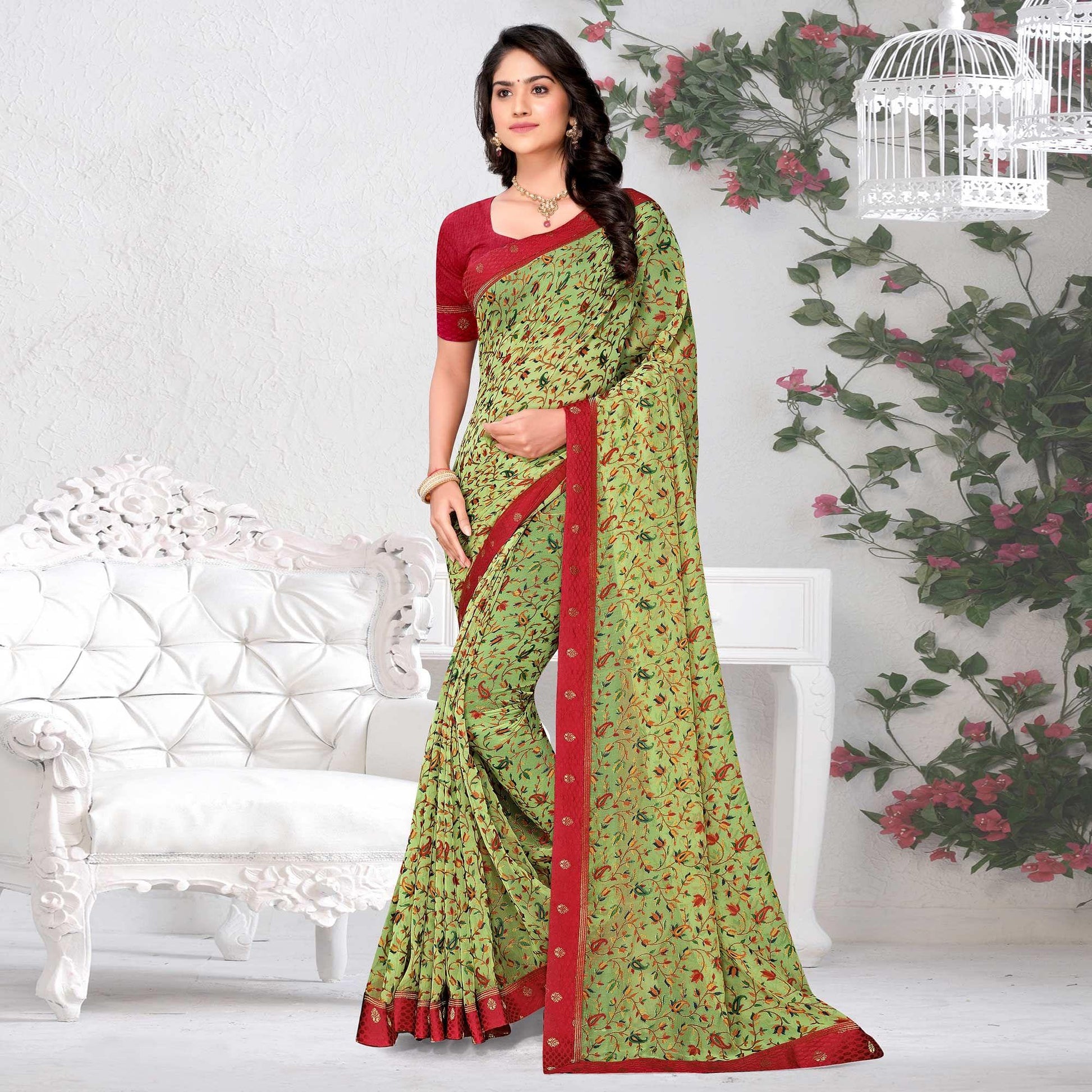 Mint Green Floral Printed Brasso Saree