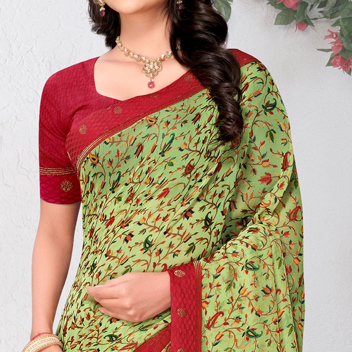 Mint Green Floral Printed Brasso Saree