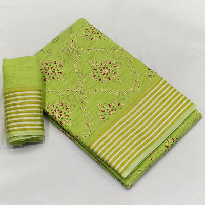 Mint-Green Floral Printed Pure Cotton Saree
