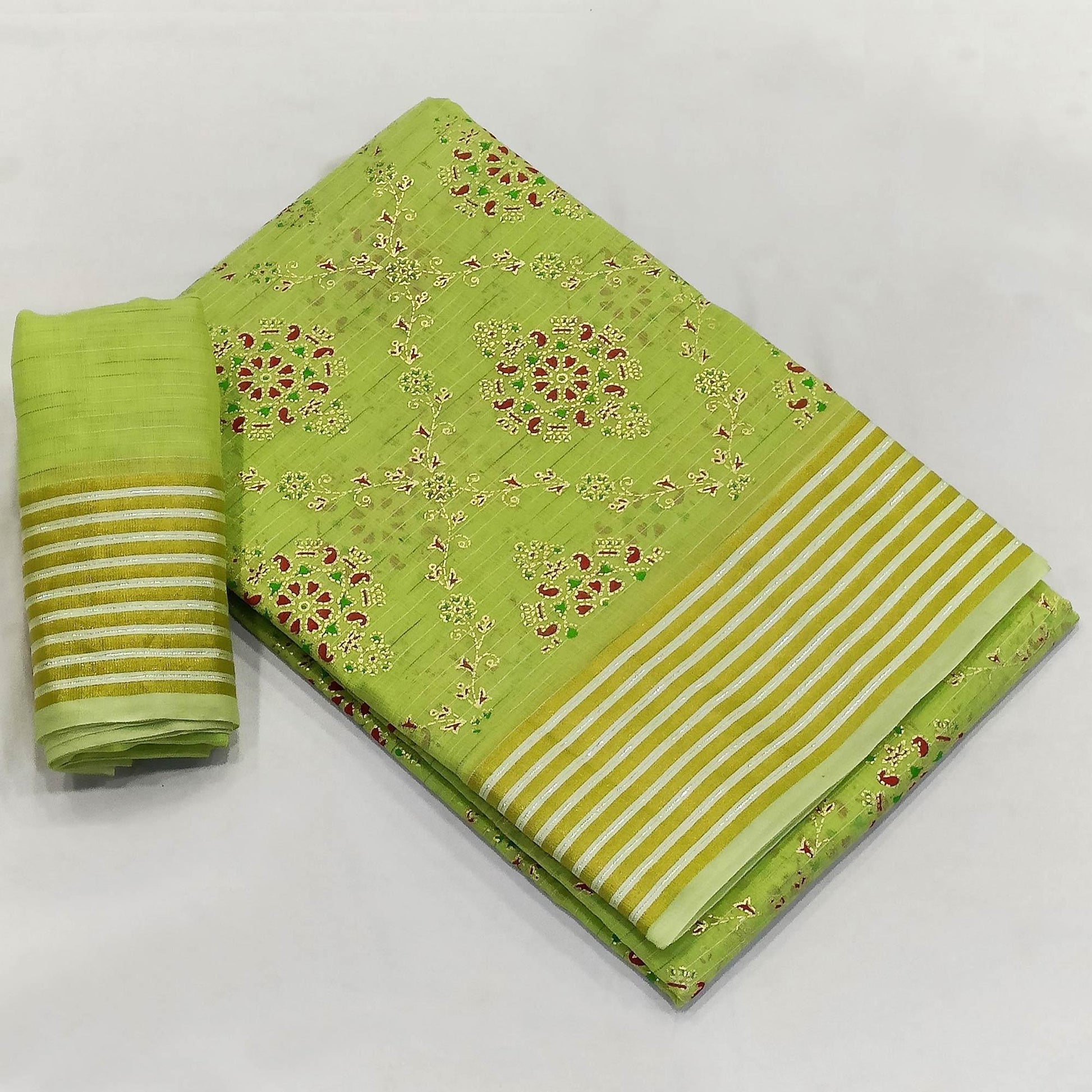 Mint-Green Floral Printed Pure Cotton Saree
