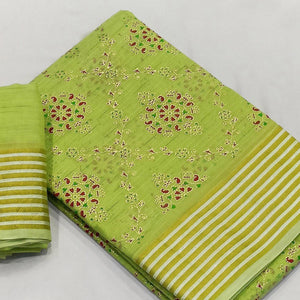 Mint-Green Floral Printed Pure Cotton Saree