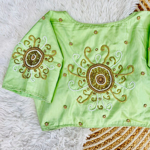 Mint Green Golden Handcrafted Makhana Silk Blouse with White Pearl Accents
