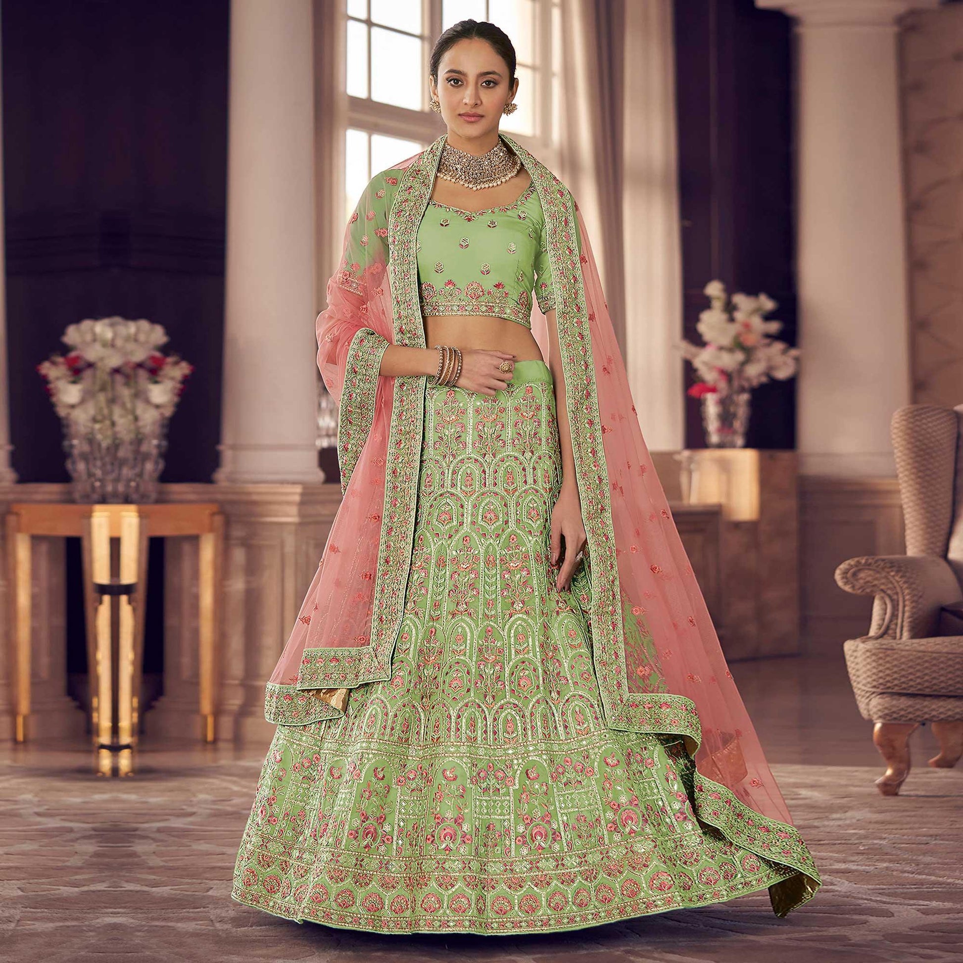 Mint Green Party Wear Embroidered Organza Lehenga Choli