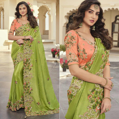 Mint Green Party Wear Embroidered Satin Saree