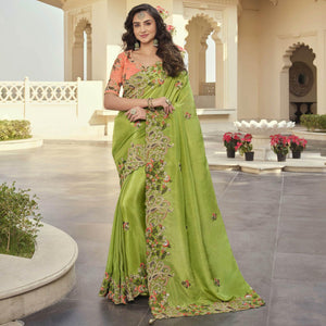 Mint Green Party Wear Embroidered Satin Saree