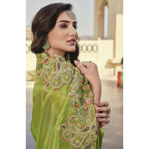 Mint Green Party Wear Embroidered Satin Saree