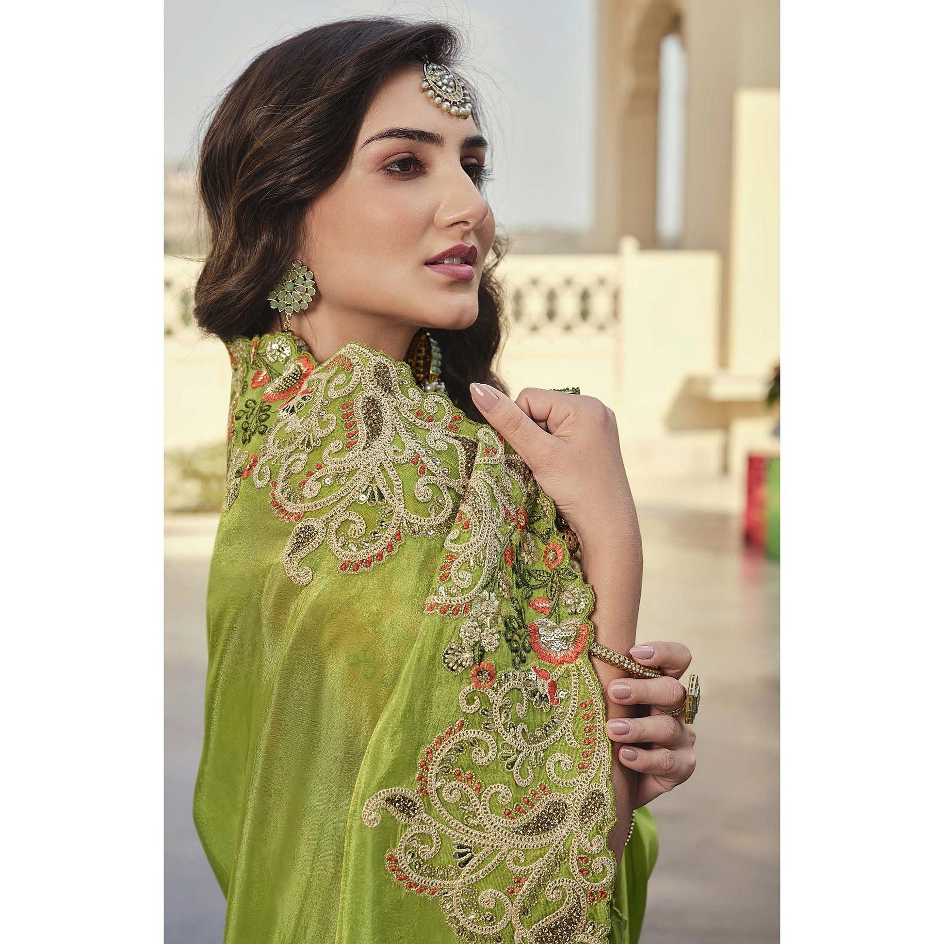 Mint Green Party Wear Embroidered Satin Saree