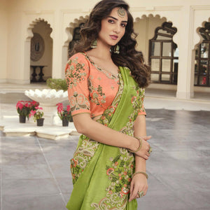 Mint Green Party Wear Embroidered Satin Saree