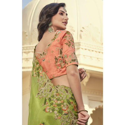 Mint Green Party Wear Embroidered Satin Saree