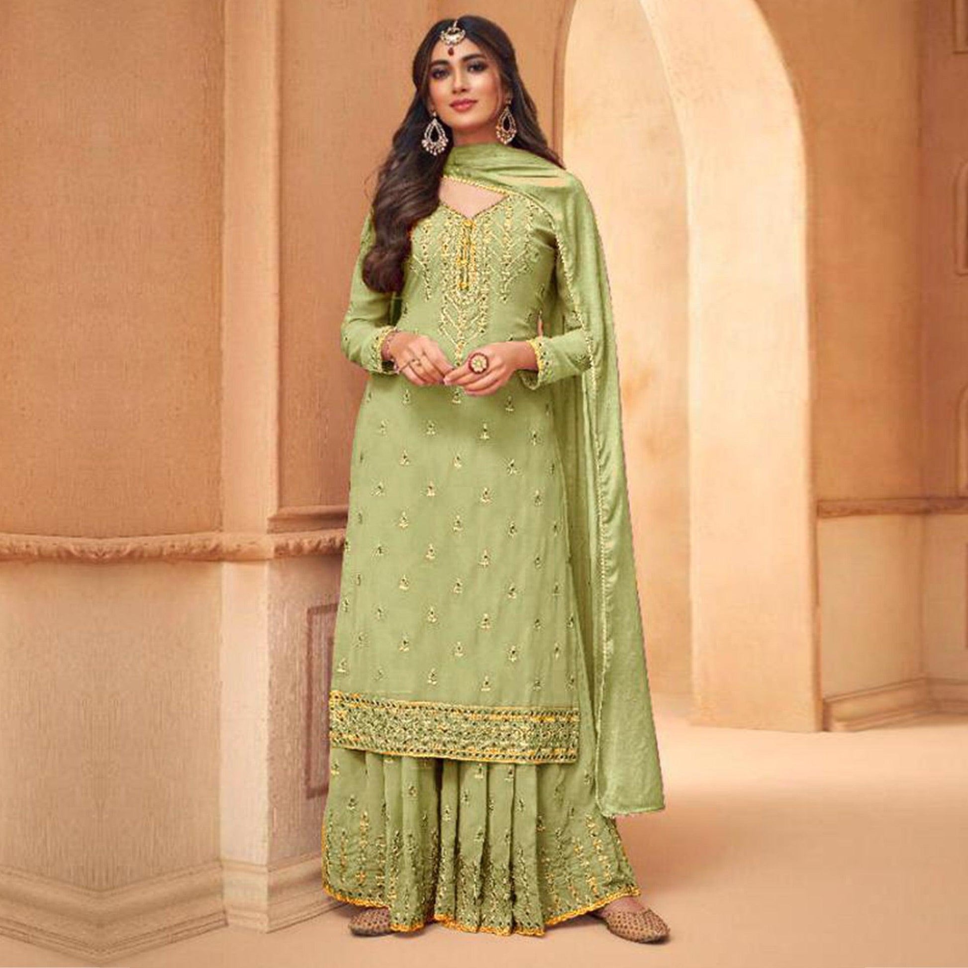 Mint Green Partywear Designer Embroidery Heavy Faux Georgette  Salwar suit