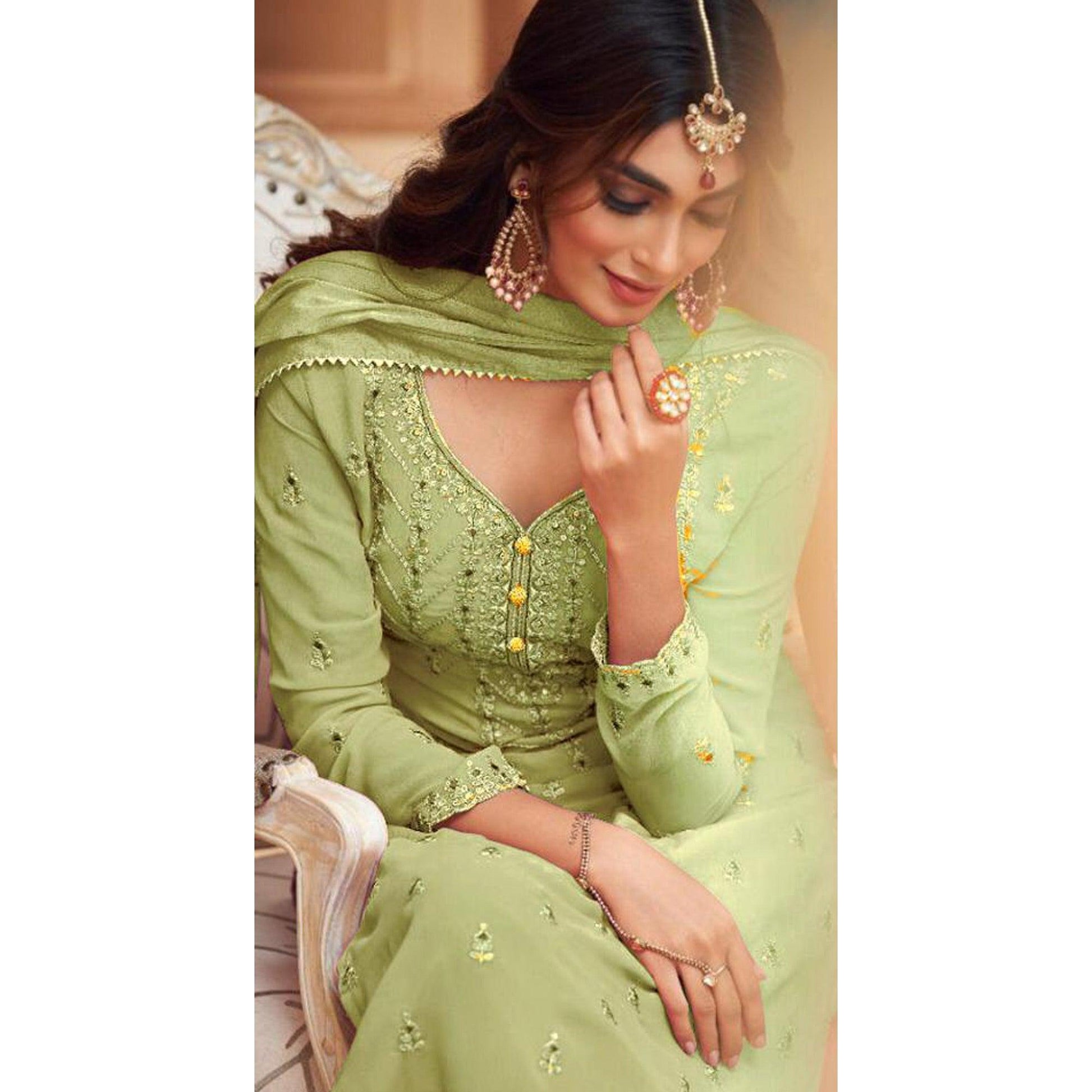 Mint Green Partywear Designer Embroidery Heavy Faux Georgette  Salwar suit