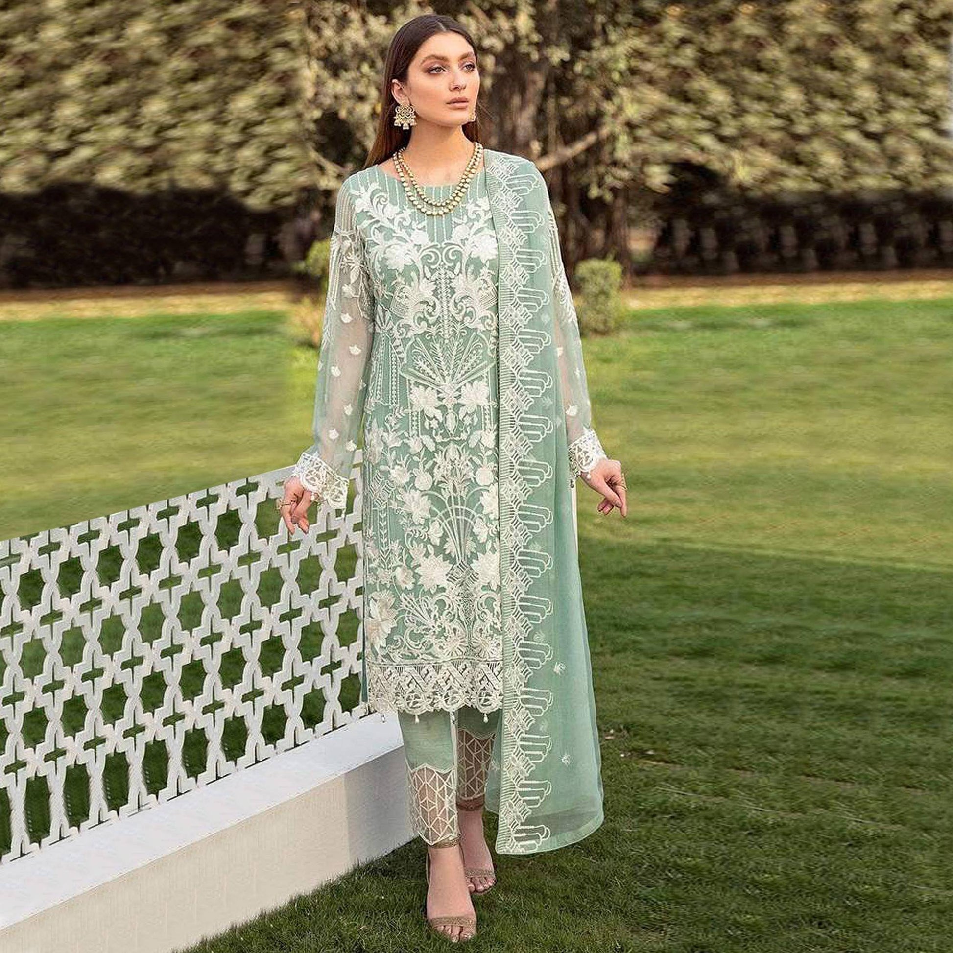 Mint Green Partywear Embroidered Faux Georgette Straight Pakistani Suit