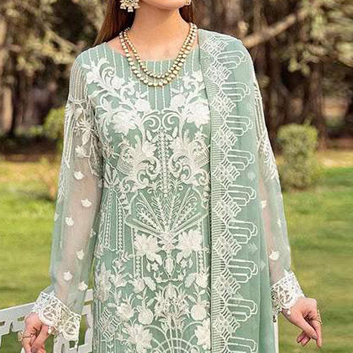 Mint Green Partywear Embroidered Faux Georgette Straight Pakistani Suit