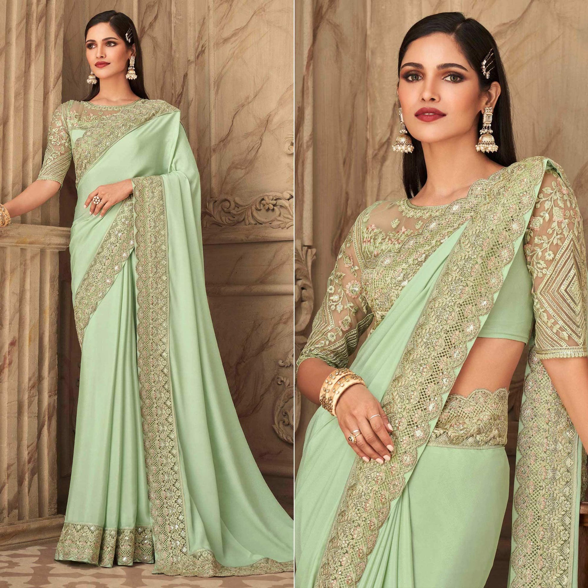 Mint Green Partywear Sequins Embroidered  Silk Saree