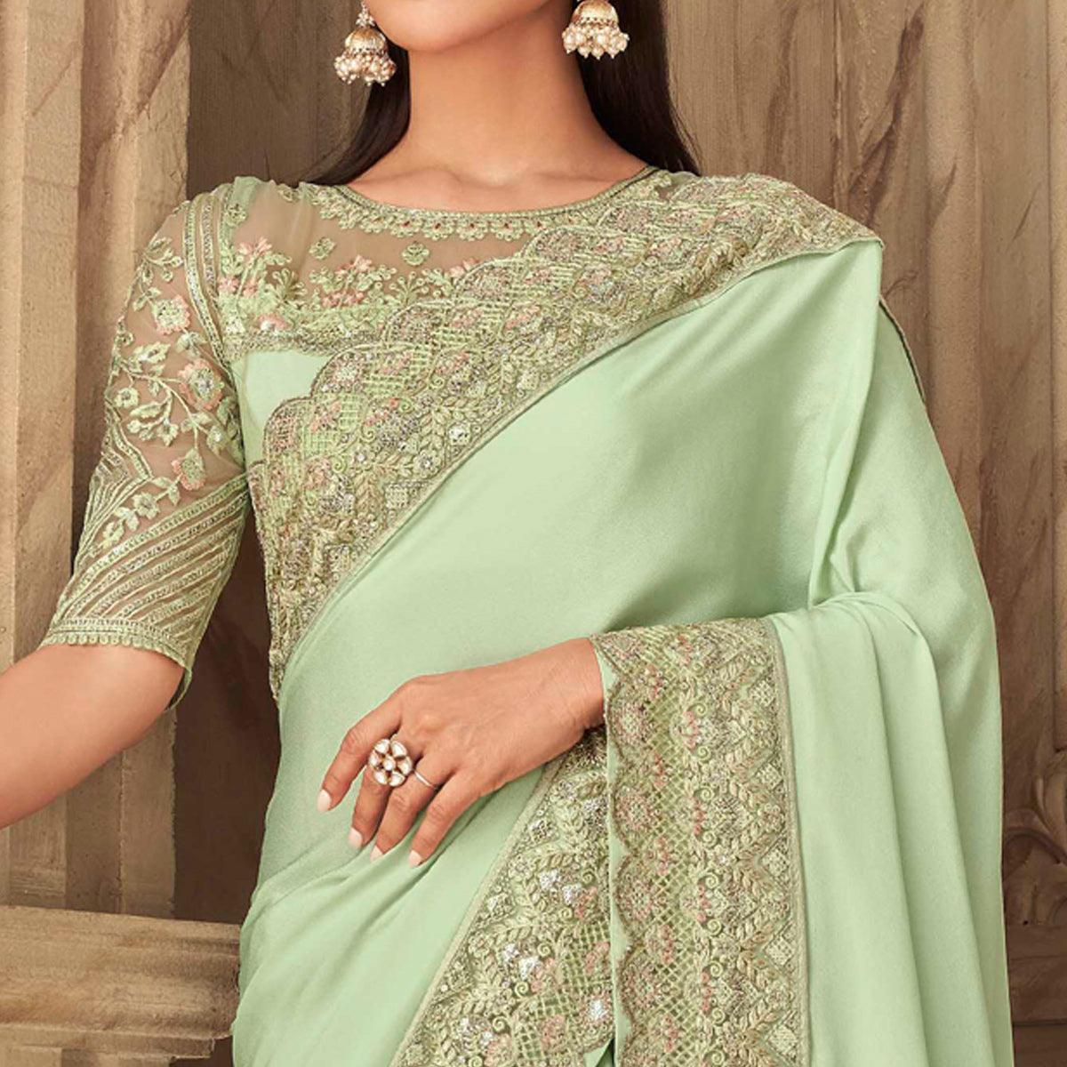 Mint Green Partywear Sequins Embroidered  Silk Saree