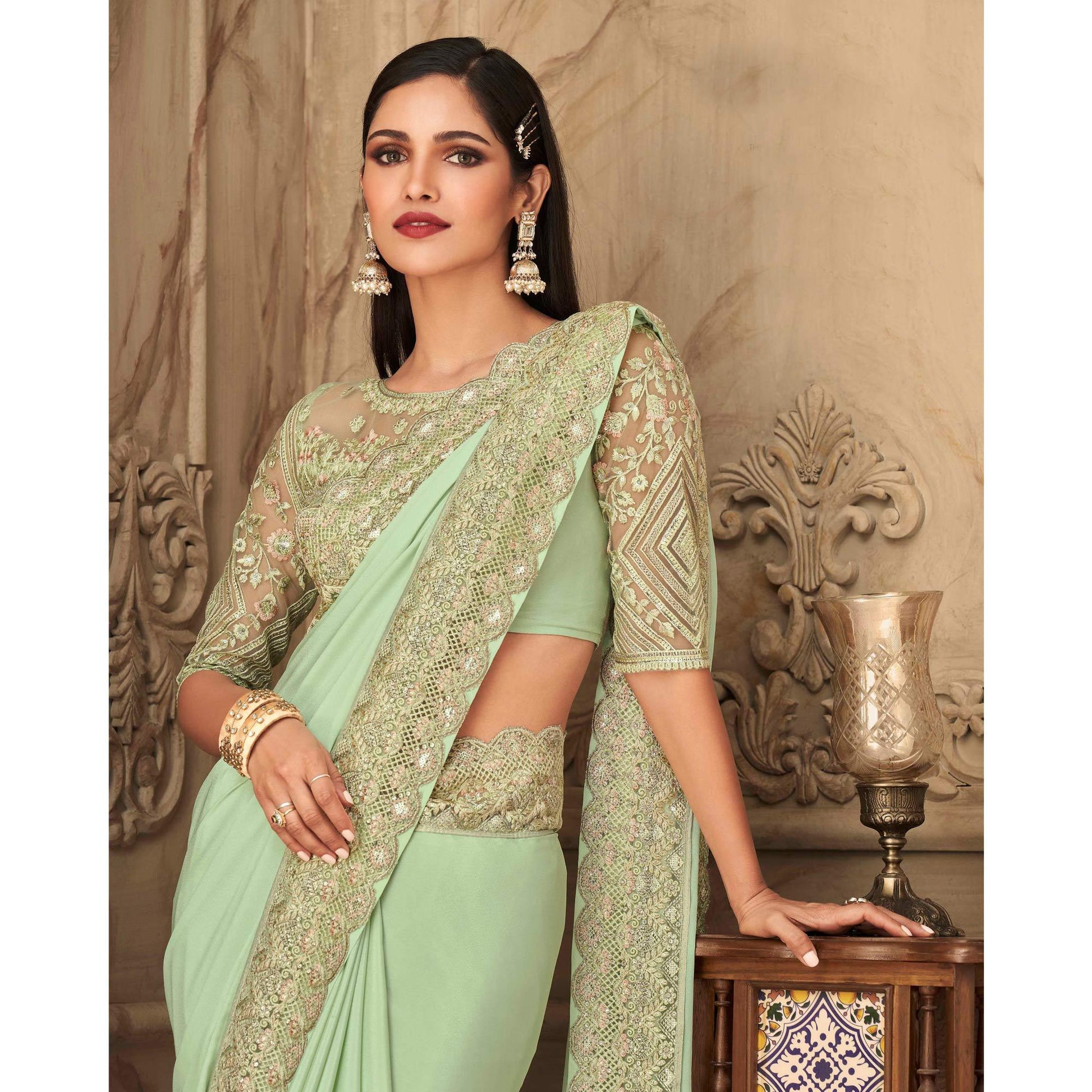 Mint Green Partywear Sequins Embroidered  Silk Saree