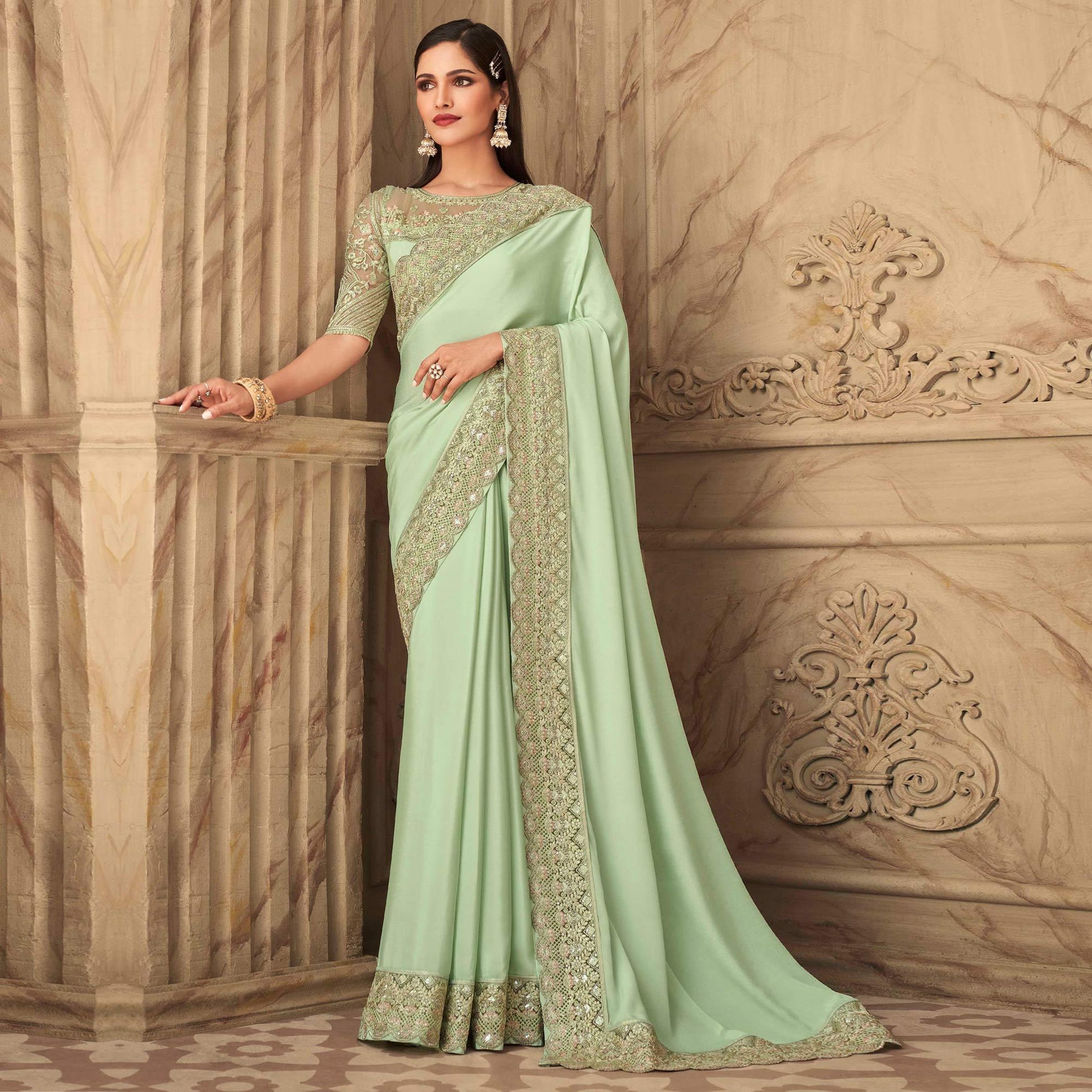 Mint Green Partywear Sequins Embroidered  Silk Saree