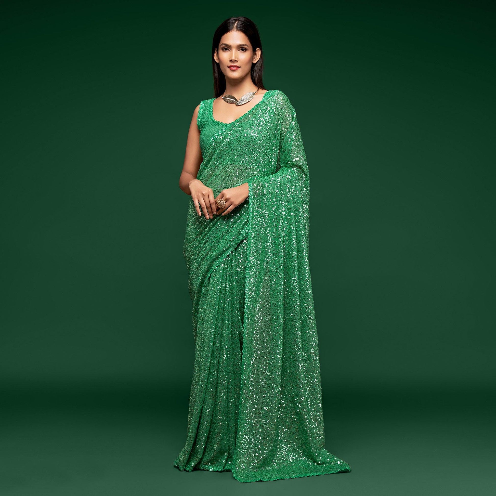 Mint Green Partywear Thread & Sequins Embroidered Georgette Saree