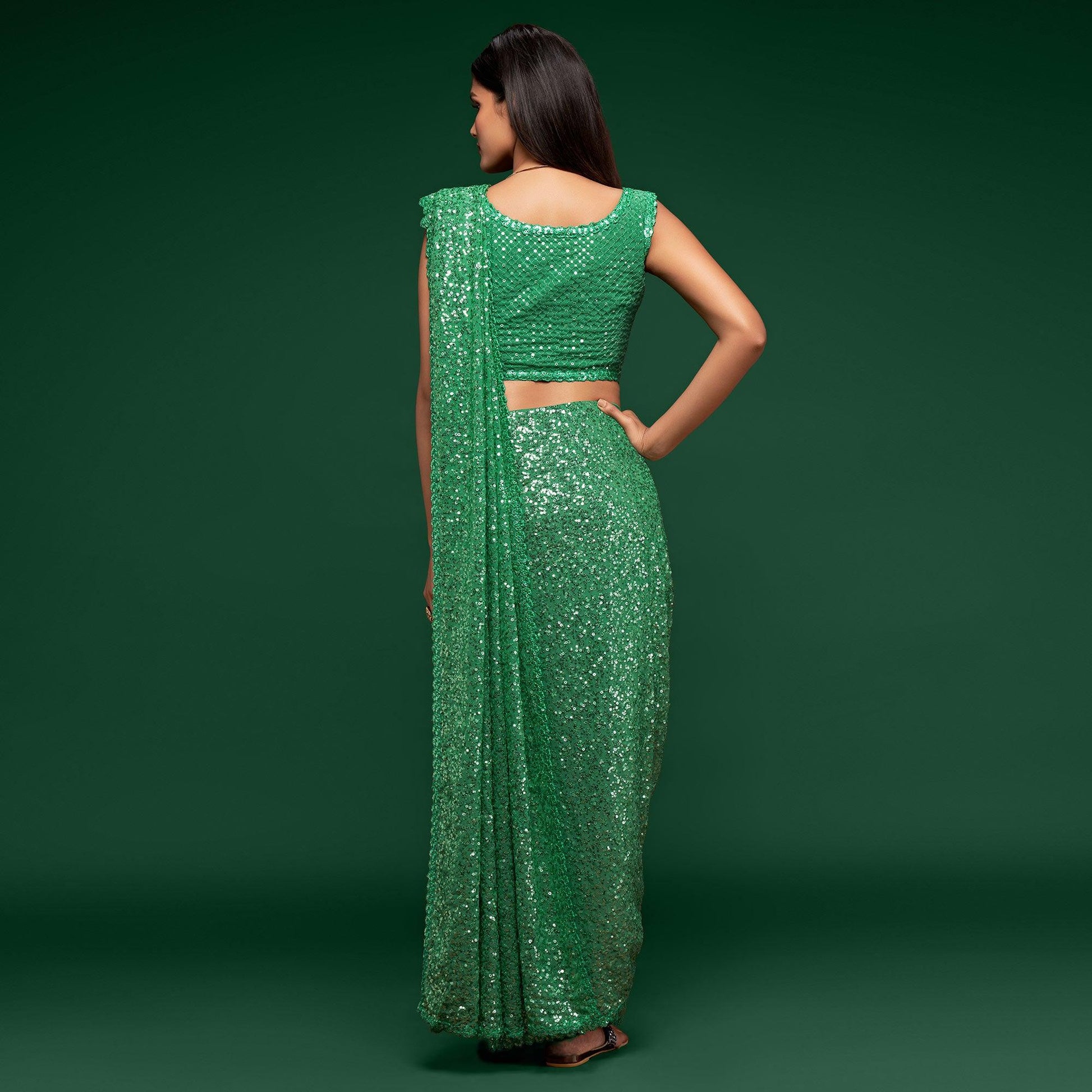 Mint Green Partywear Thread & Sequins Embroidered Georgette Saree