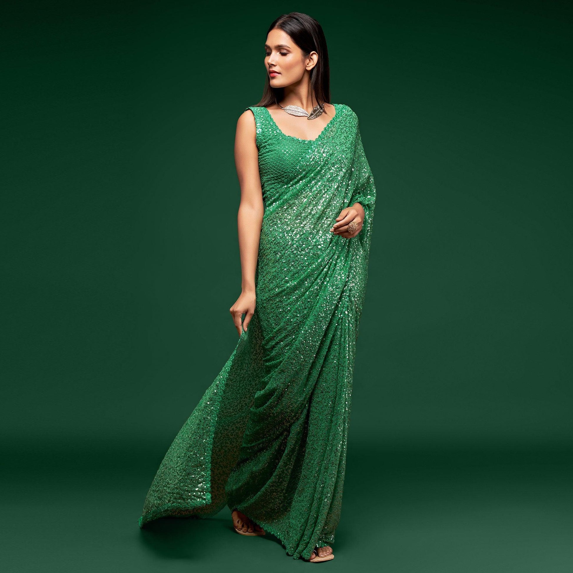 Mint Green Partywear Thread & Sequins Embroidered Georgette Saree