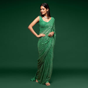 Mint Green Partywear Thread & Sequins Embroidered Georgette Saree