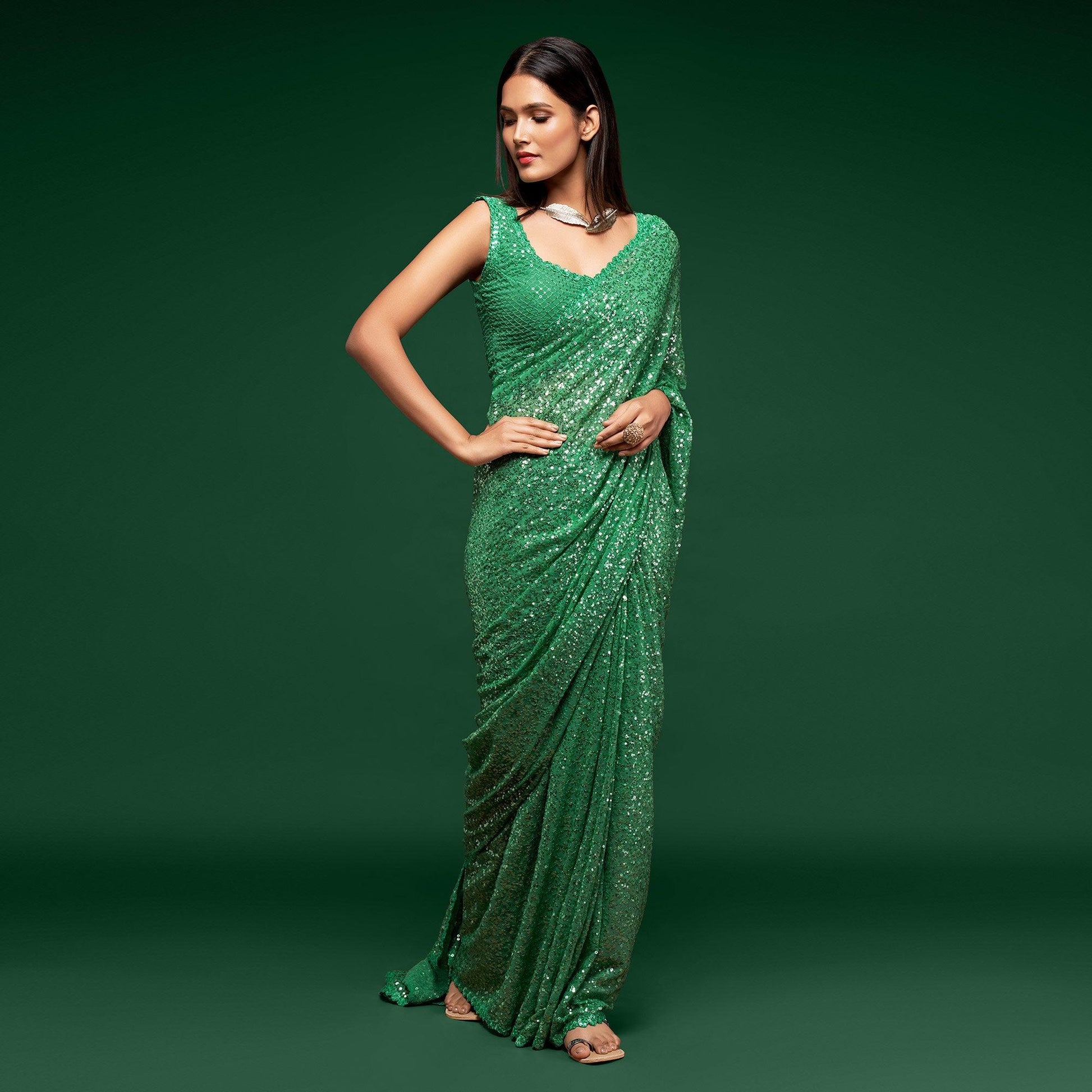 Mint Green Partywear Thread & Sequins Embroidered Georgette Saree